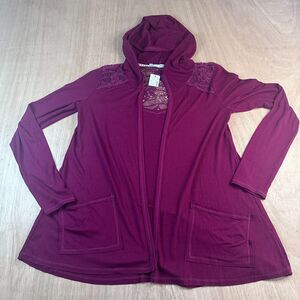 Maurices Burgundy Lace Hooded Cardigan Women’s Medium Long Sleeve Open Front